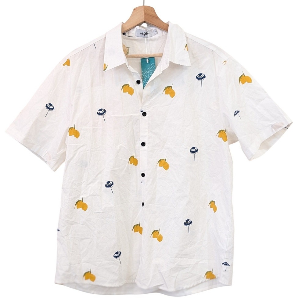 Vatpave Mens White Lemon Print Short Sleeve Cotton Button Shirt L Beach Vacation